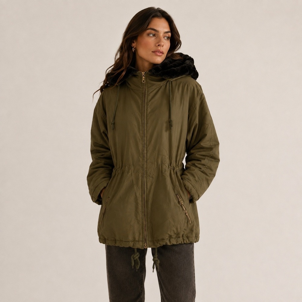 Andrew Marc Parka Jacket S Green Faux Fur Hood Thermoloft Coat Y2K Mid Length